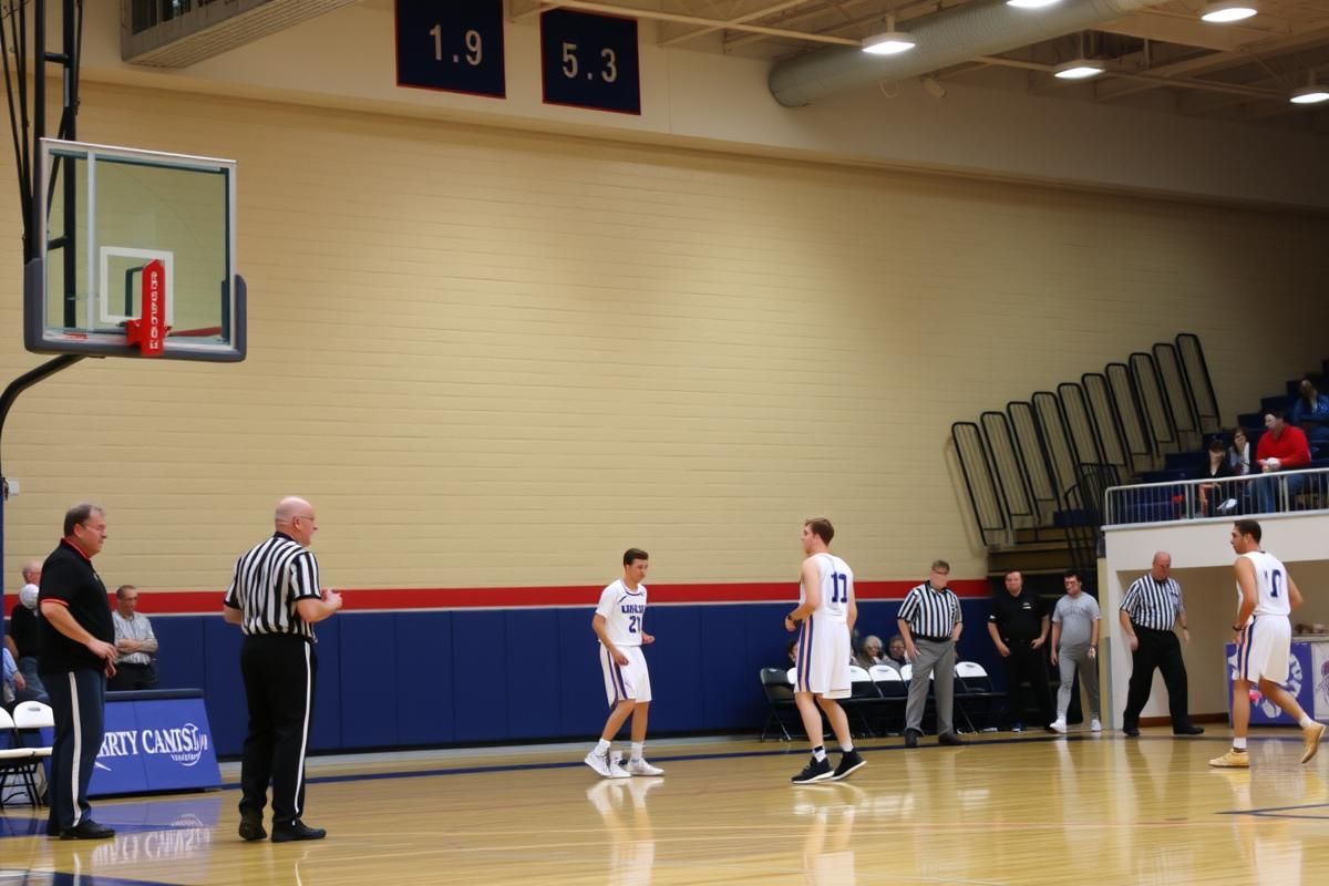 A basketball game on a brightly lit court with visible security and players mid-action.