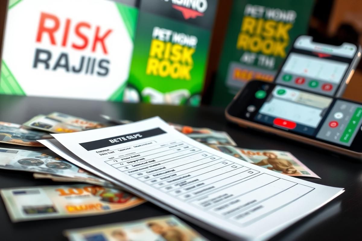 A betting slip surrounded by euro banknotes and a smartphone showing a gambling app with promotional offers in the background.