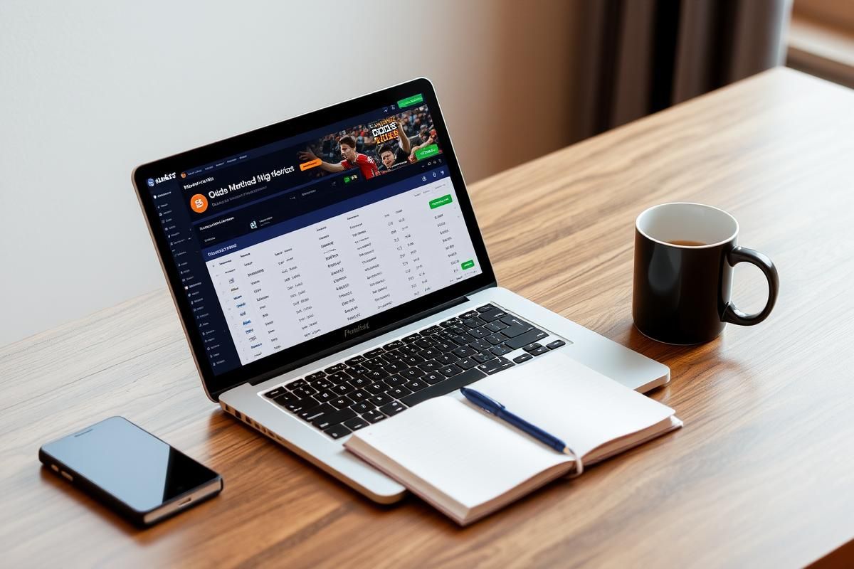 A close-up of a desktop setup with matched betting software running on a laptop, alongside a notebook and coffee mug.