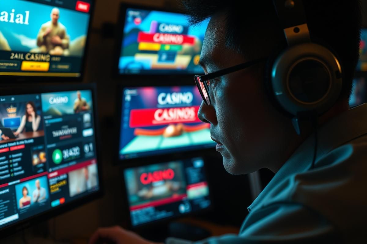 A cybersecurity specialist identifying illegal gambling site ads using advanced software tools in Japan.