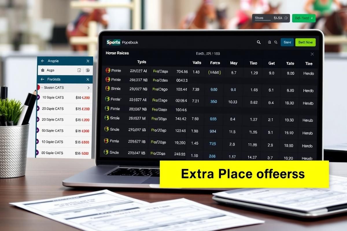 A digital betting interface highlighting extra place offers for horse racing on a computer screen with related betting materials.
