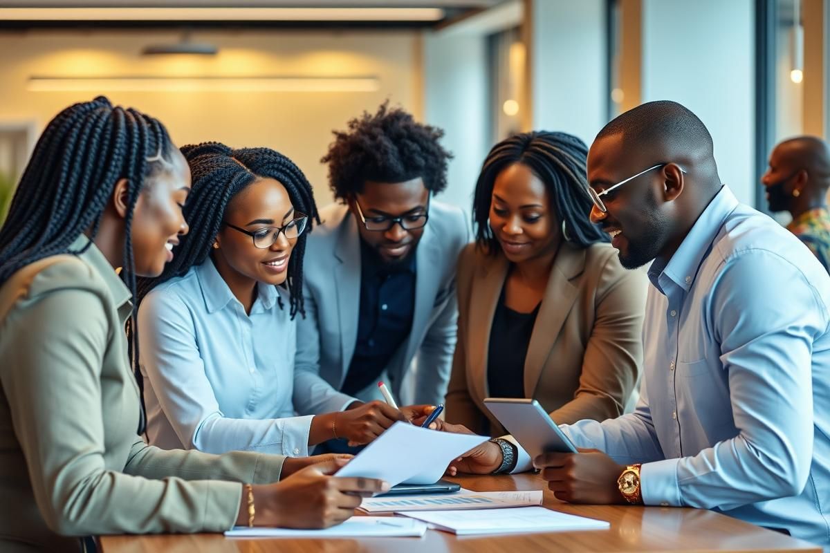 A diverse group of African professionals collaborating in a modern office environment.