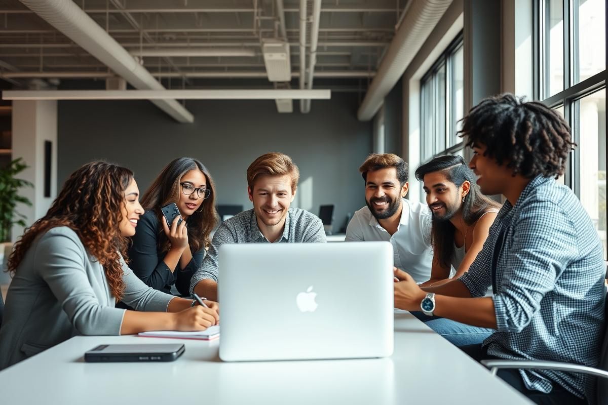 A diverse team of professionals collaborating in a modern office space, focused on creating innovative gaming concepts.