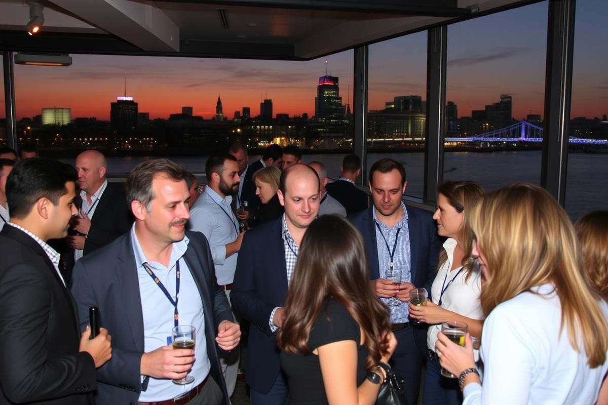A dockside networking event in London for iGB L!VE with professionals mingling casually, set against a cityscape backdrop.