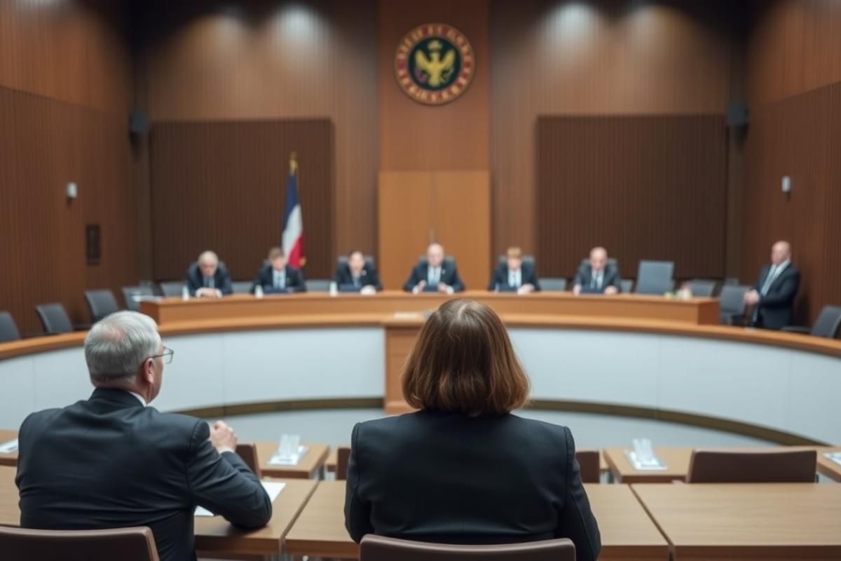 A Dutch courtroom with judges deliberating a case related to data privacy and iGaming regulations.