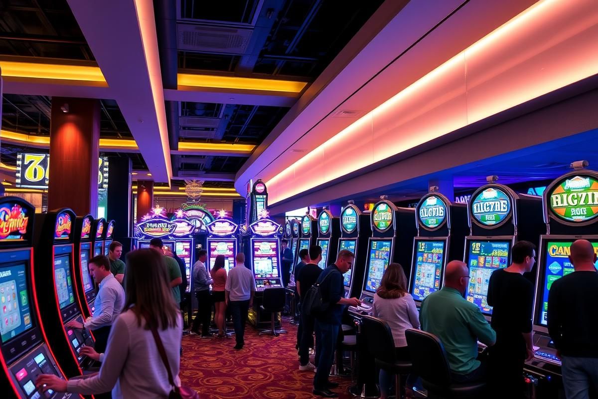 A land-based casino in Denmark with active electronic slot machines and customers enjoying games.