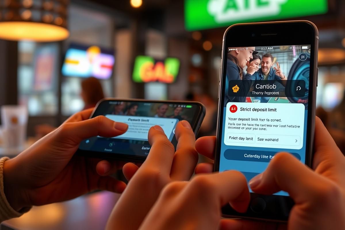 A mobile gambling app user receiving strict deposit limit notifications while seated in a casual environment.