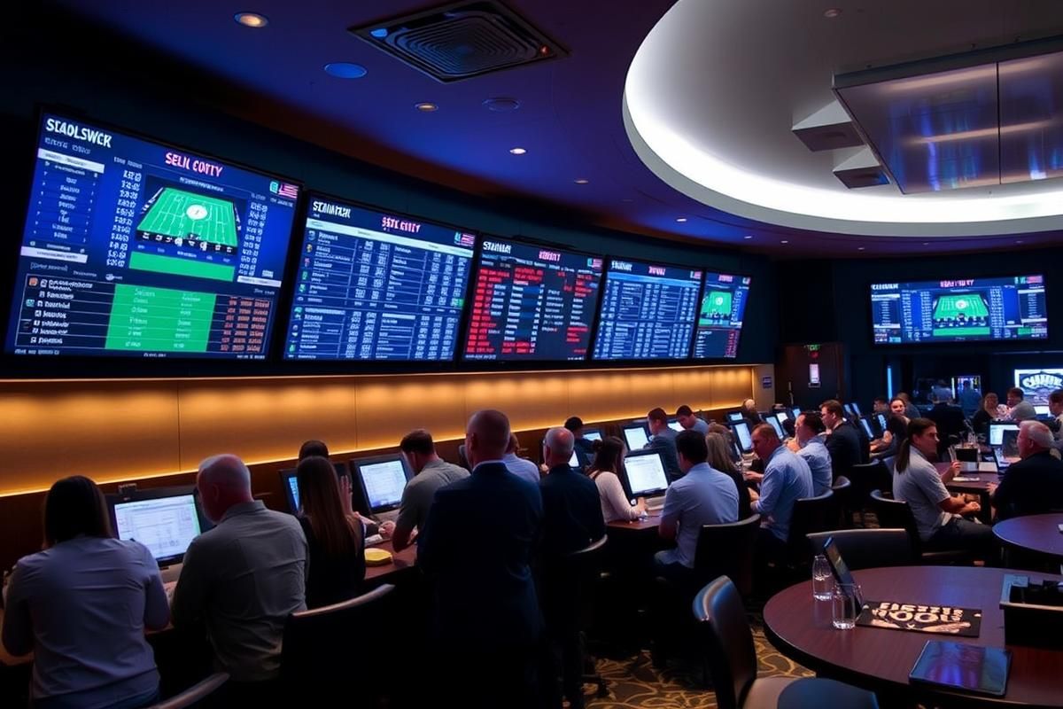 A modern sportsbook lounge with people watching screens and placing bets in Arizona.