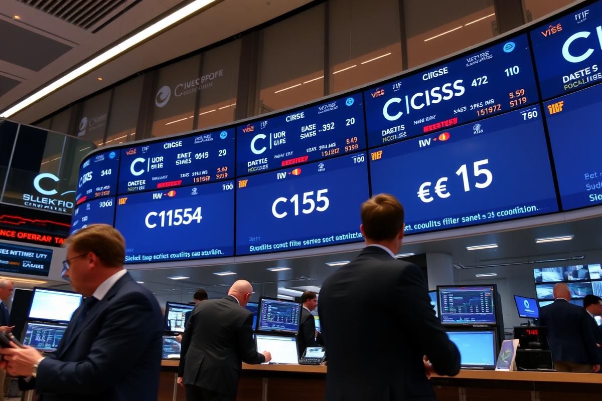 A modern stock exchange with digital screens showing Cirsa’s debut share price of €15, traders and analysts working in the background.