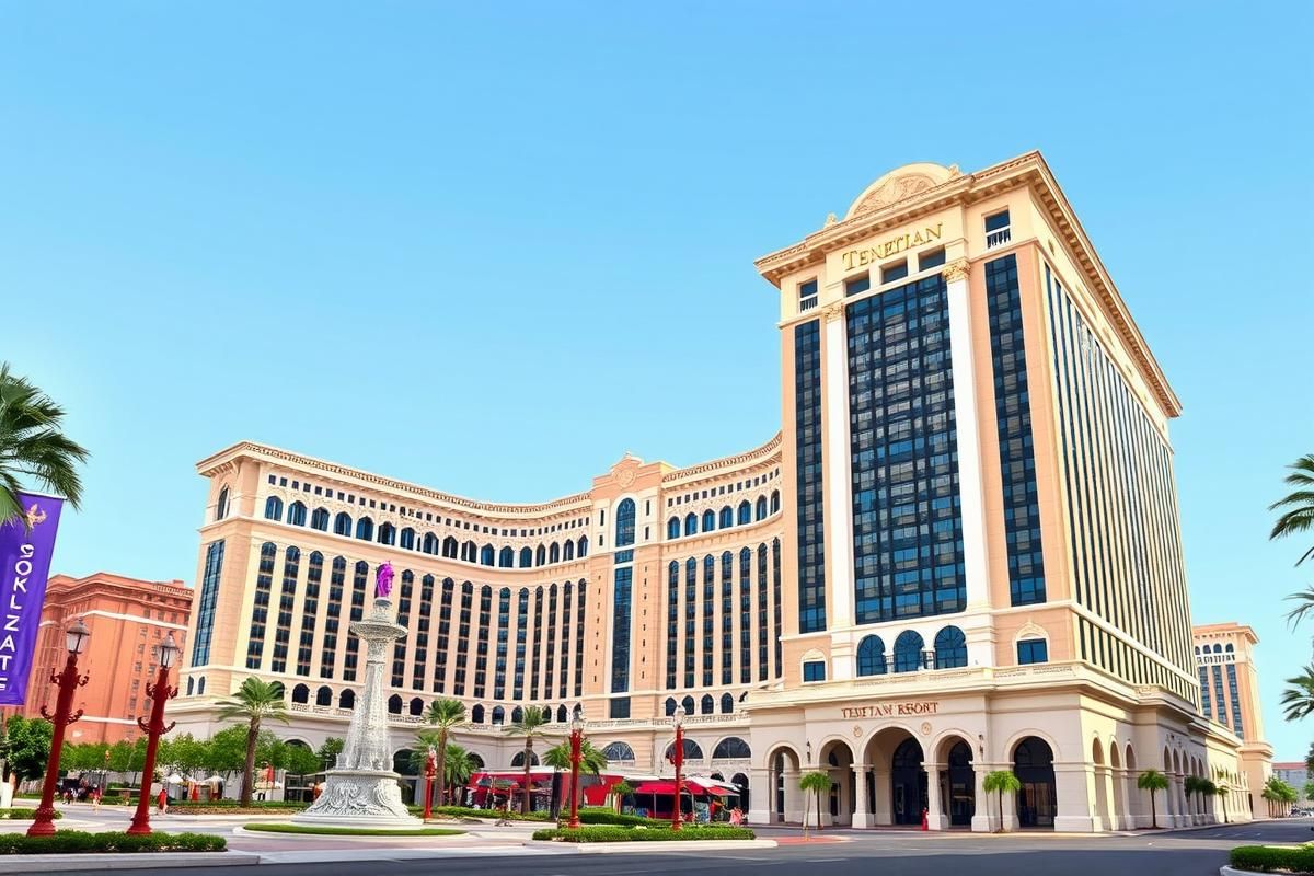A realistic illustration of The Venetian Resort in Las Vegas, showcasing the building's facade on a clear day.