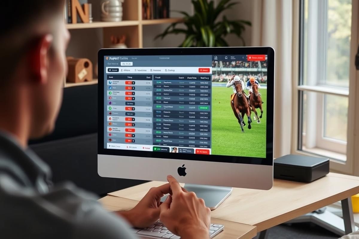 A realistic sports betting platform interface displayed on a computer screen used in a home environment.