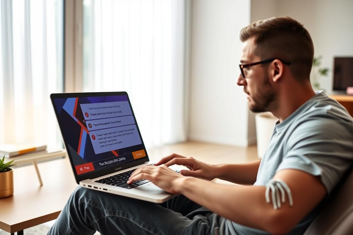 A responsible online gambler using a laptop to access regulated iGaming platforms with visible safety warnings.