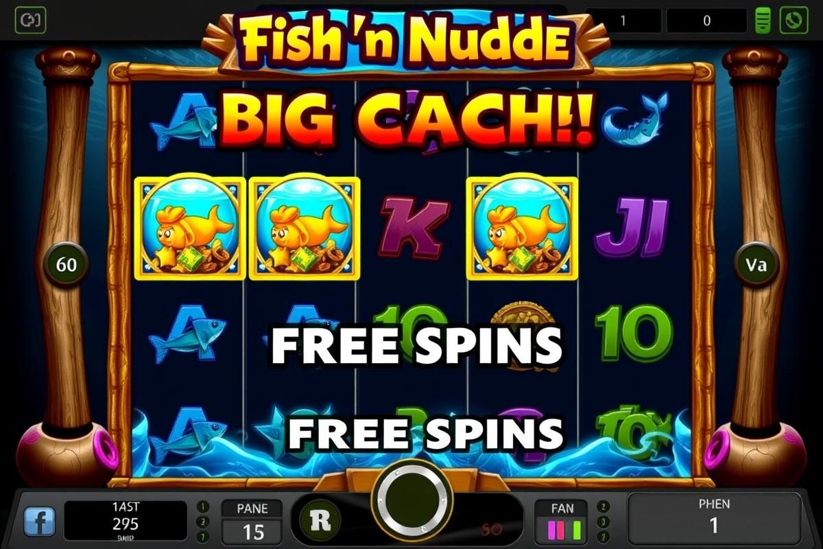 A slot machine screen displaying Fish ‘n’ Nudge Big Catch gameplay with locking nets, multipliers, and bonus features.