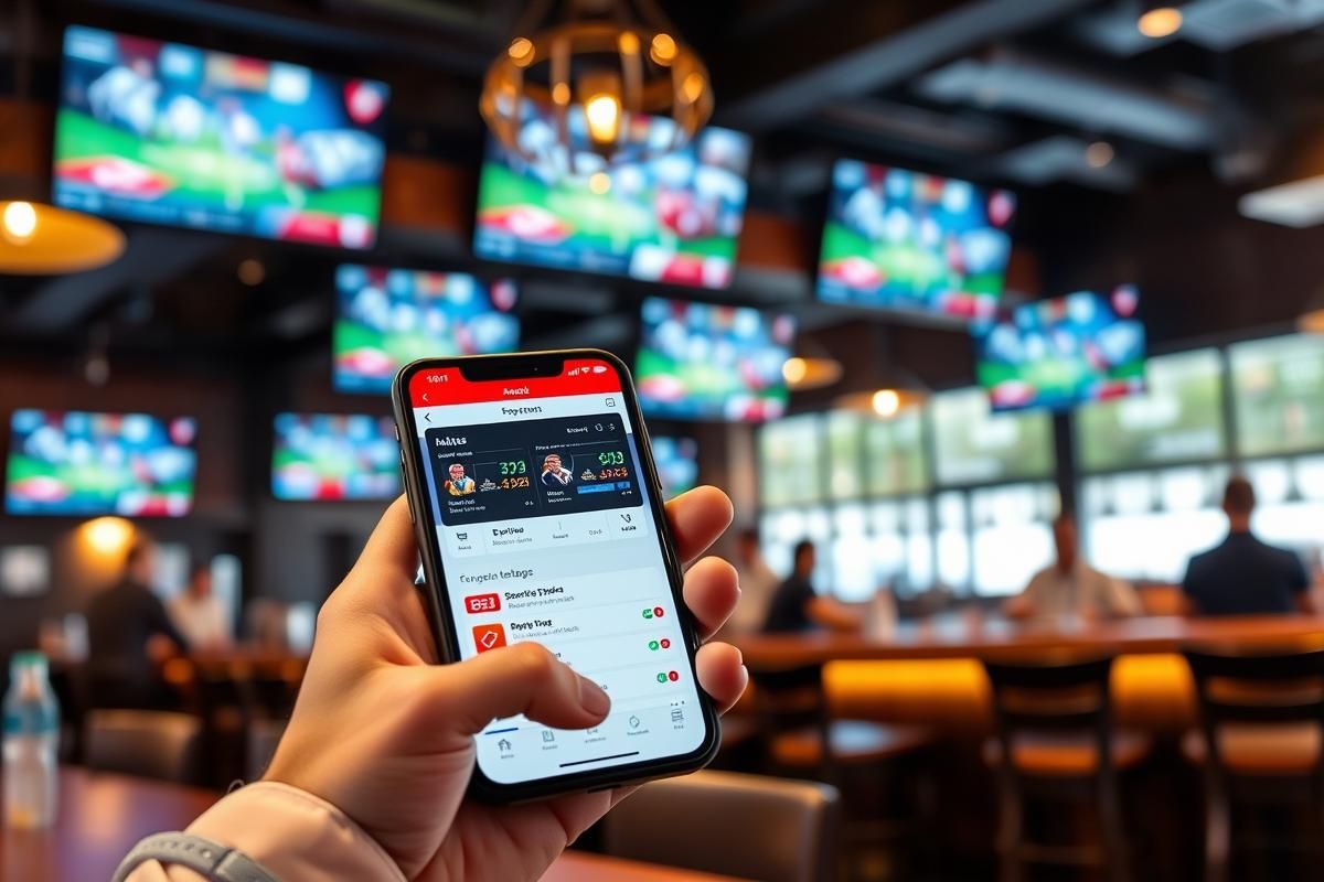 A smartphone showcasing a live sports betting app in a sports bar, with live games on TVs in the background.