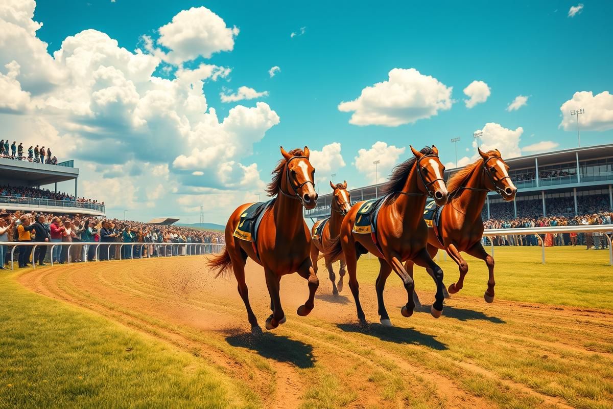 A thrilling horse race in Africa with four horses at the finish line under a sunny sky.