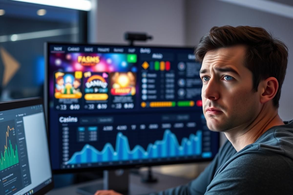 A user interacting with online gambling platforms, showcasing data charts and digital risks.