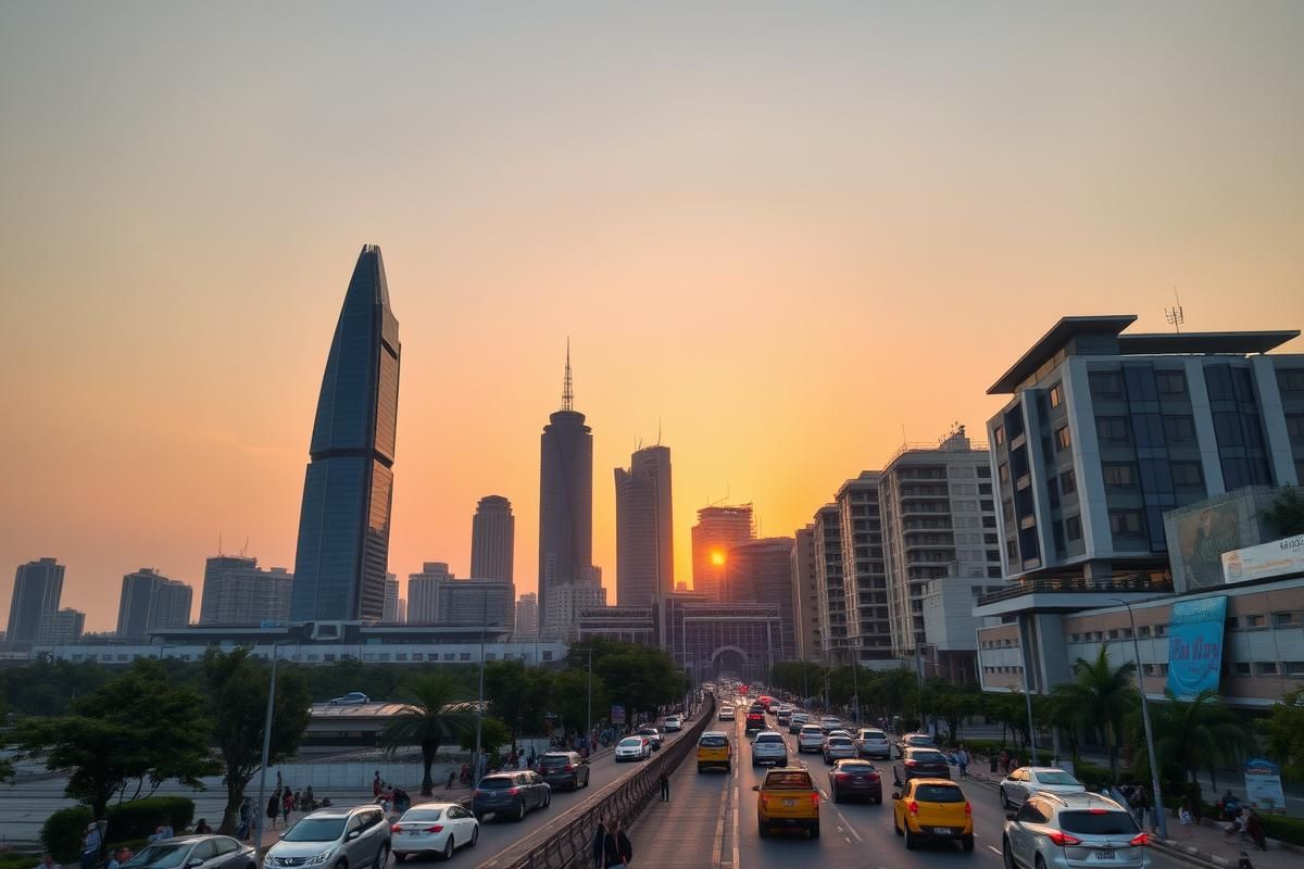 A vibrant African city skyline at sunset showing bustling streets and iconic infrastructure.