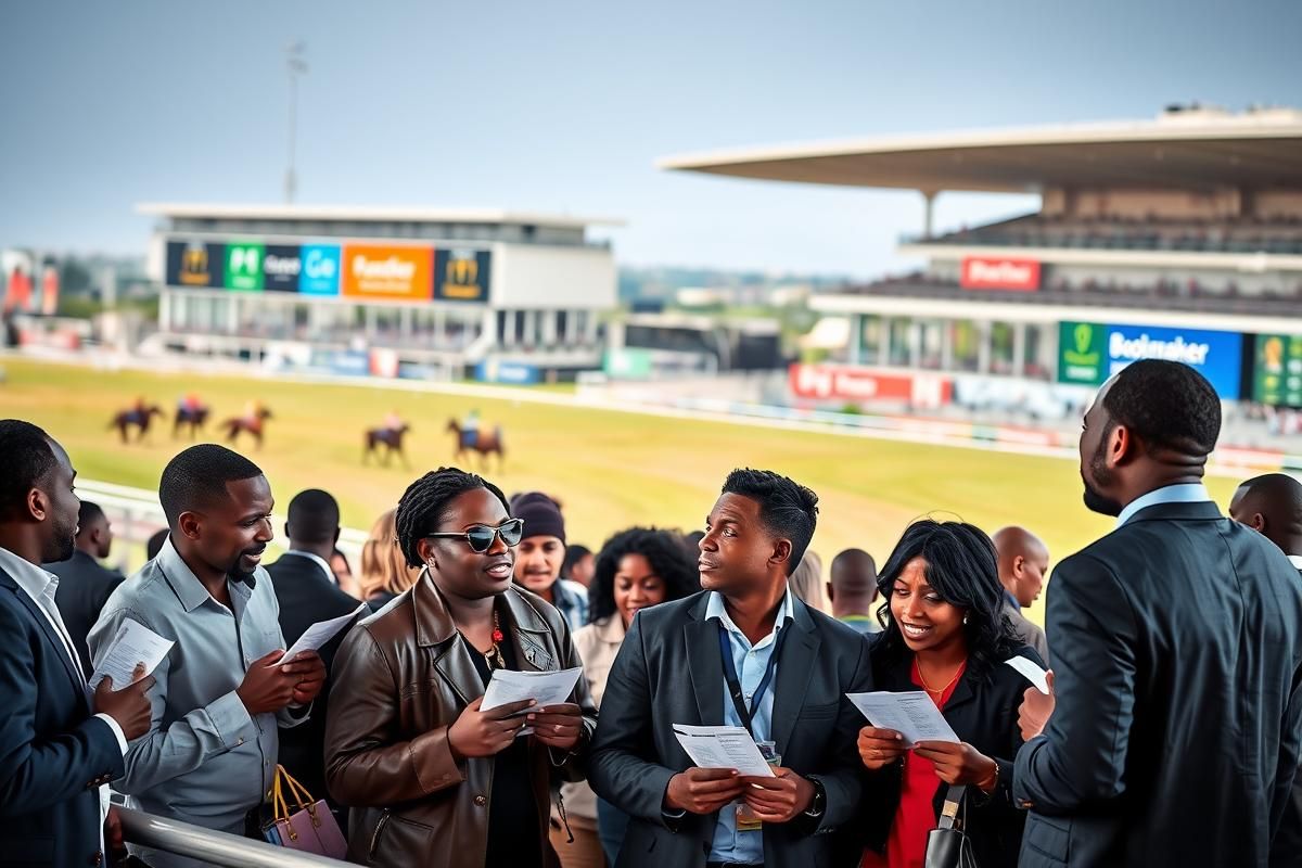 A vibrant African racetrack scene with bettors enjoying horse racing and using bookmaker offers.