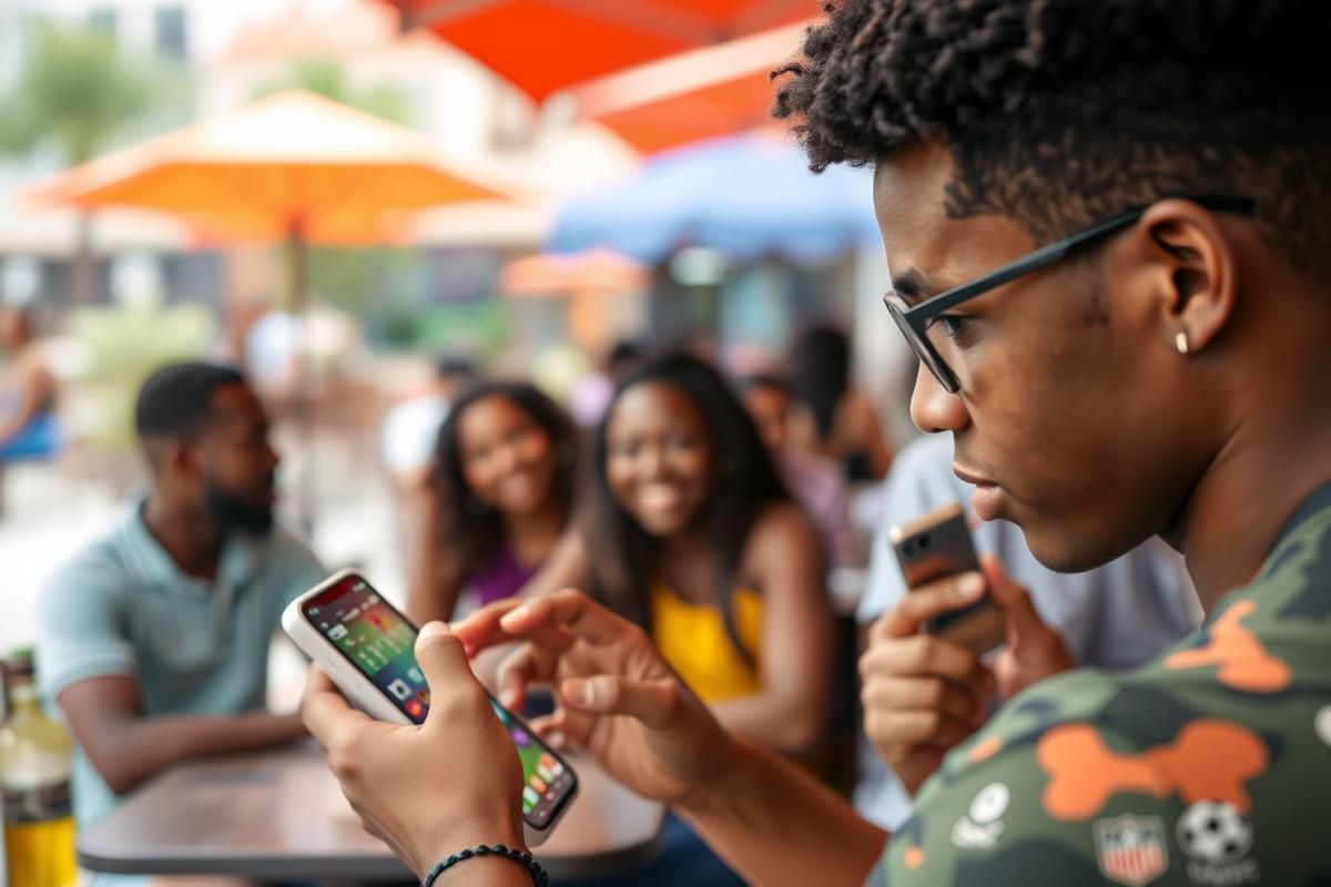 A young African gamer using a mobile app for online sports betting in a lively outdoor café setting.