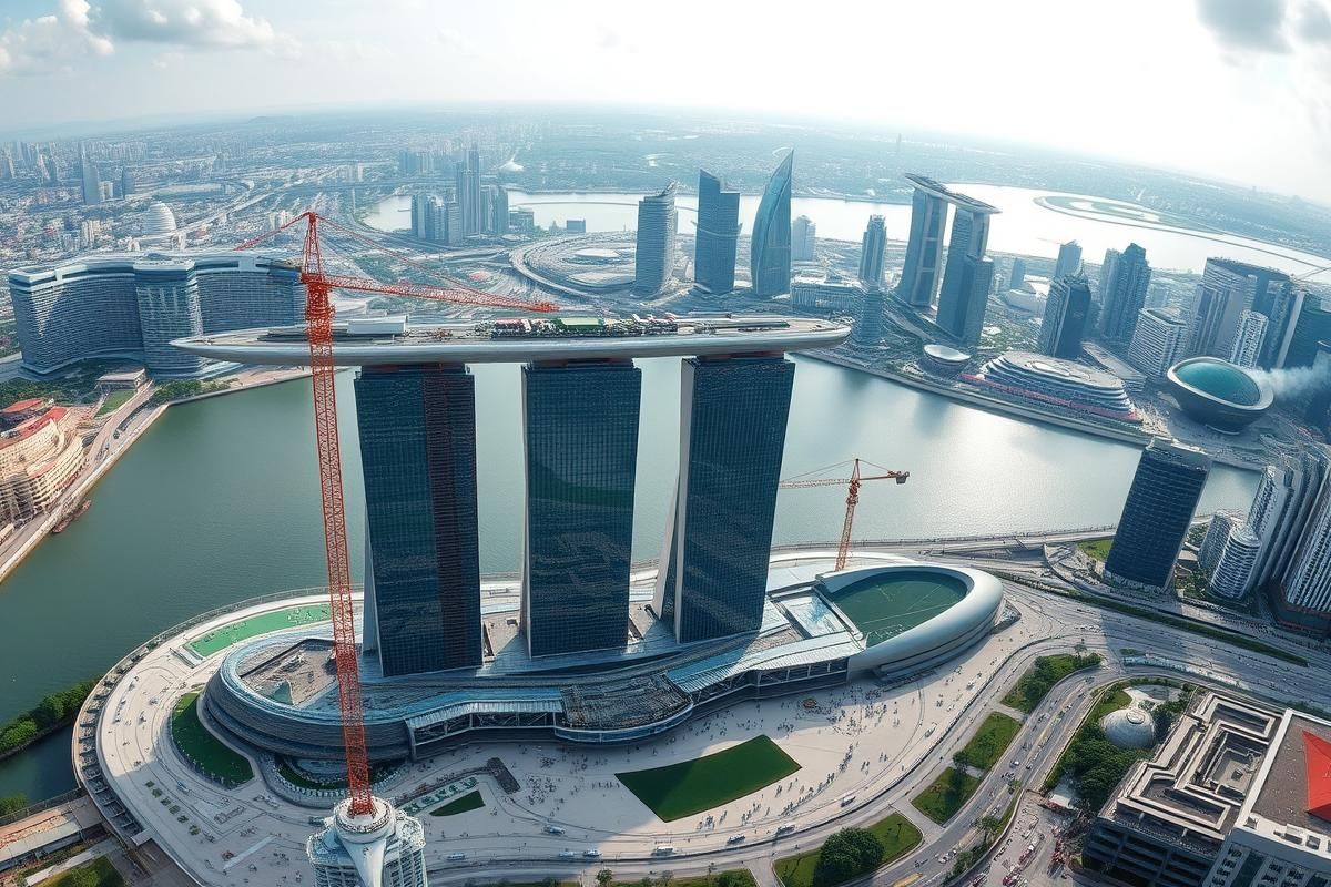 Aerial view of Marina Bay Sands expansion with construction activity and Singapore Strait in the background.