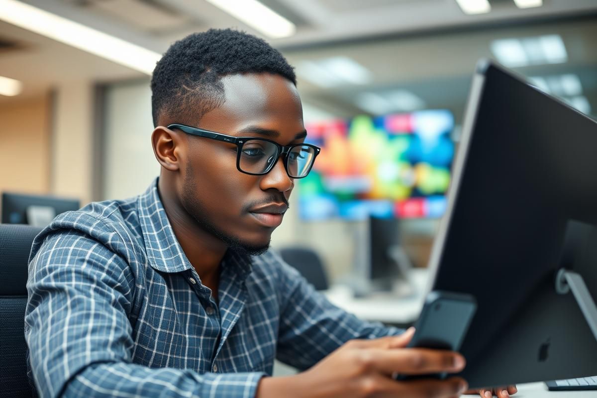 African business leader working on a mobile gaming project in a modern office setting.