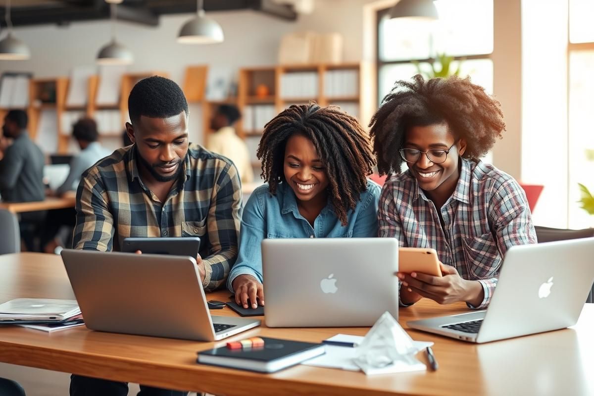 African entrepreneurs collaborating in a modern tech hub with innovative devices and discussions.