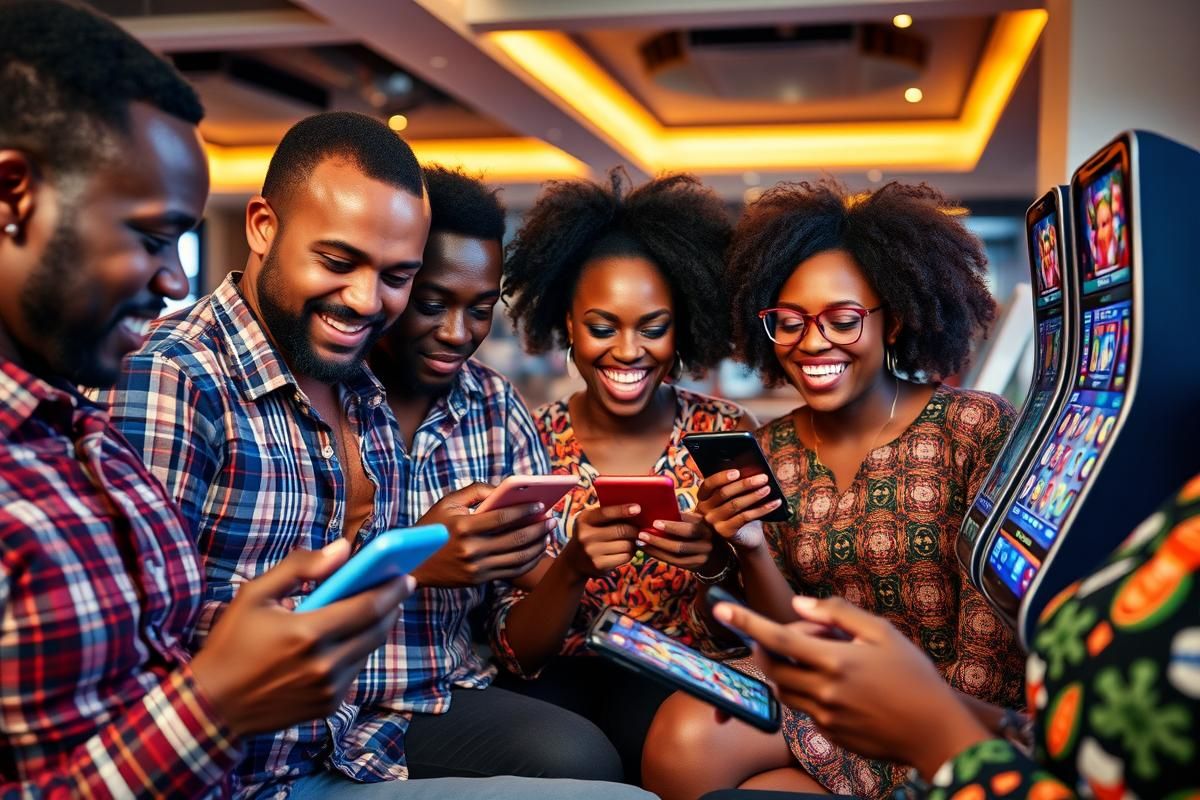 African players engaging with mobile slot games in a vibrant, modern setting.