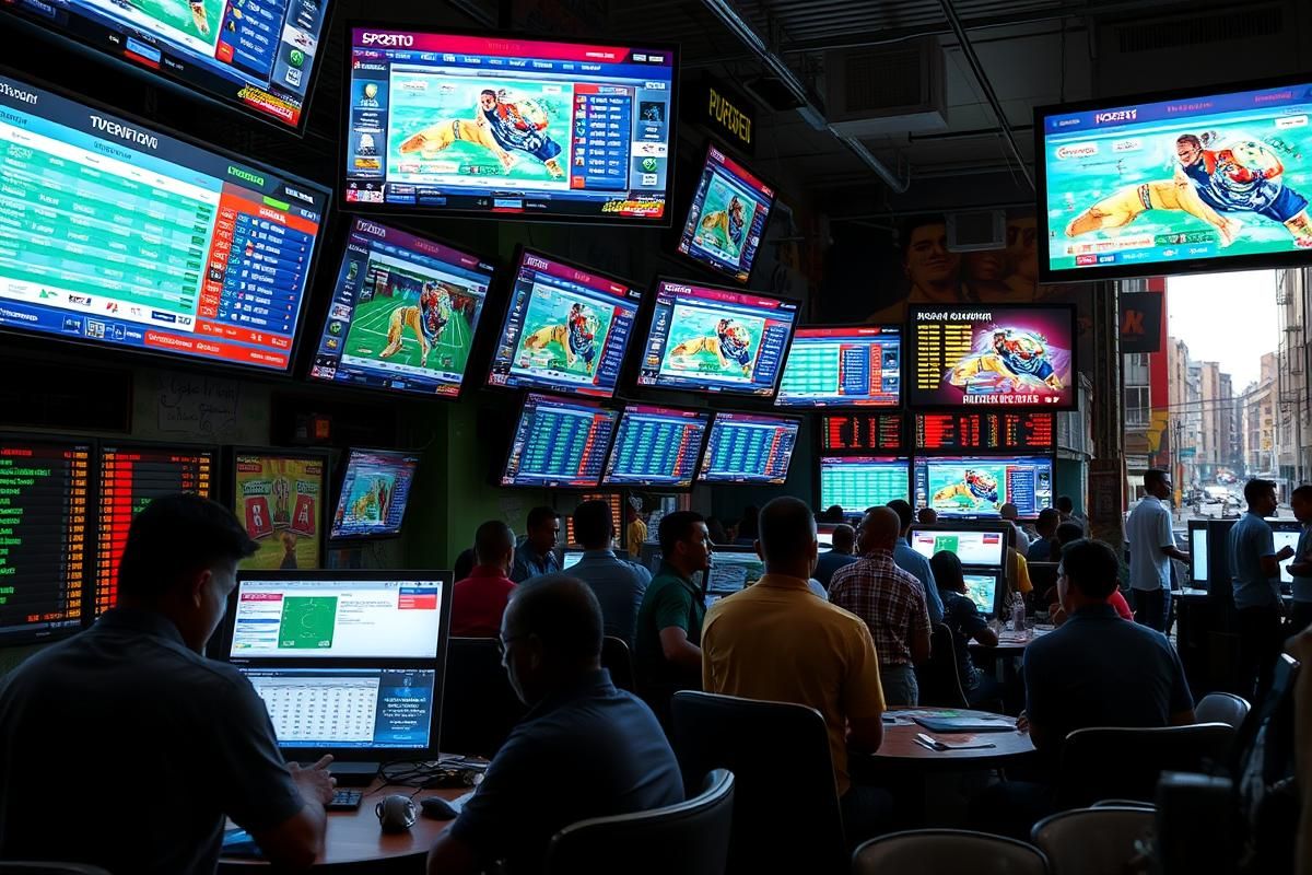 African sportsbook or iGaming environment with users engaging in betting and multiple screens displaying wagering opportunities.