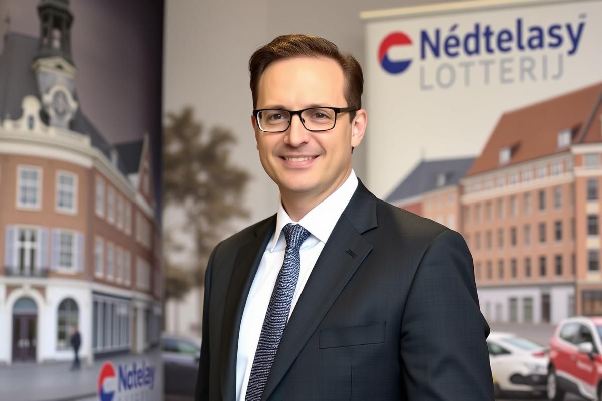 Alexander Pechtold, outgoing Nederlandse Loterij chairman, posing in front of Dutch city architecture and organizational branding.