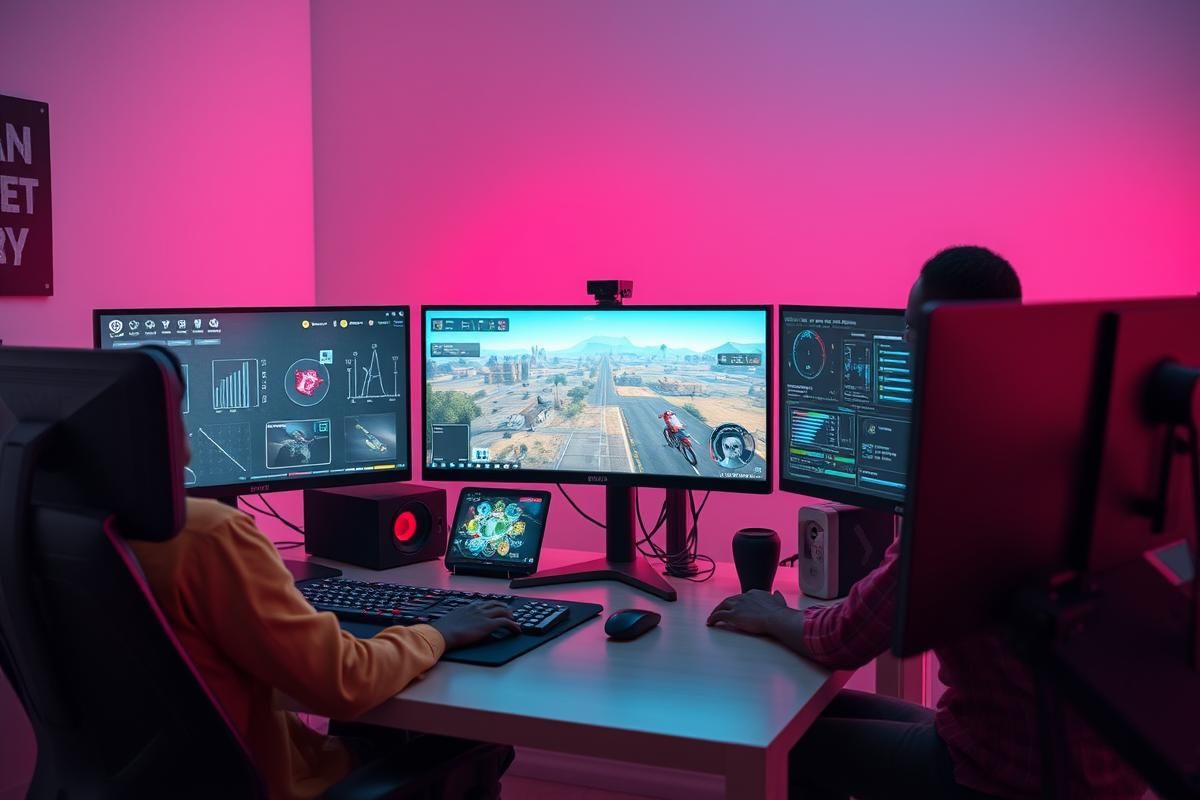 An African game developer's workstation showcasing AI-driven game design tools and algorithms.