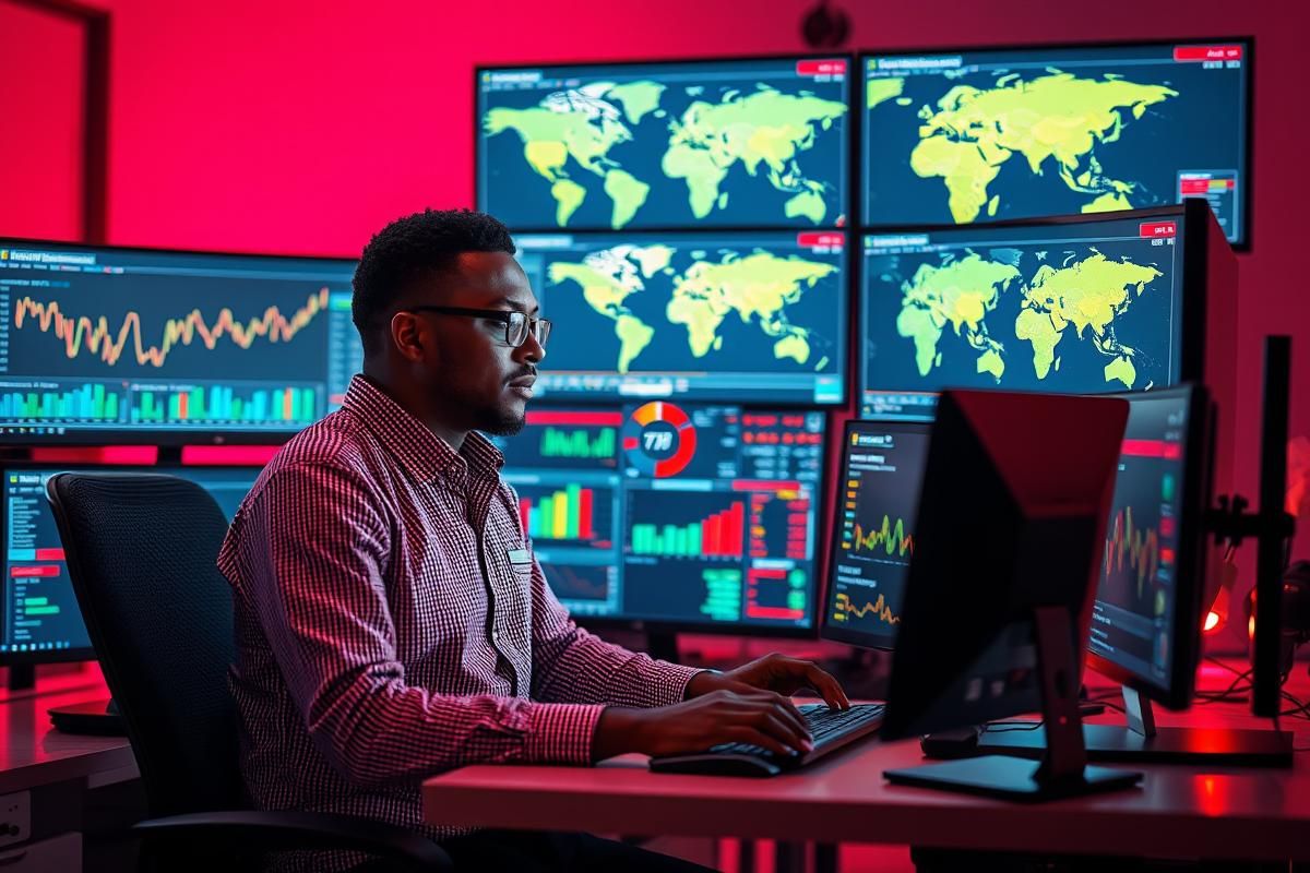 An African iGaming professional analyzing global events and economic impacts in a tech-focused setting.