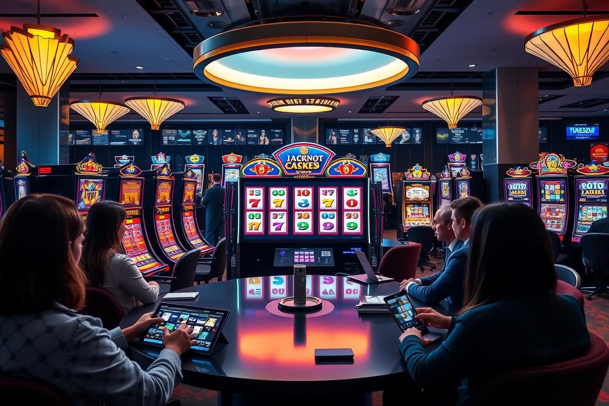 An online casino setup with colorful slot machines and users playing remotely on devices.