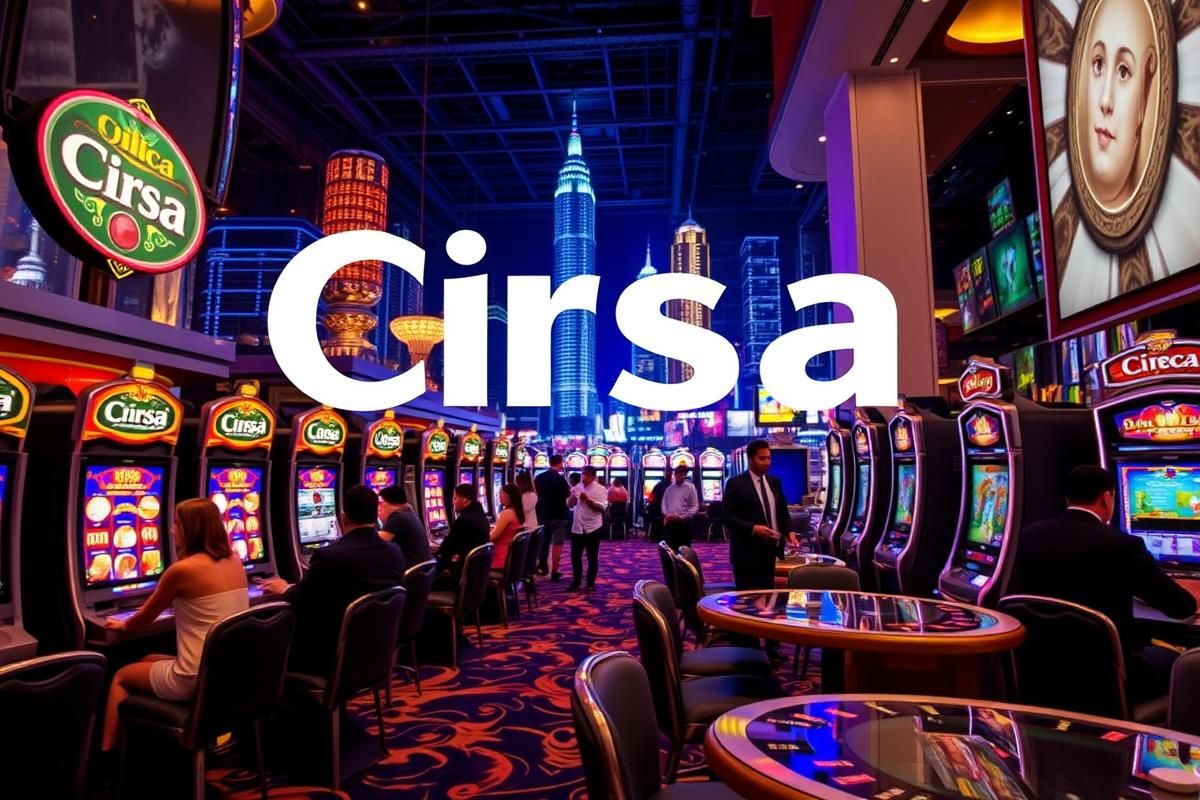 An upscale casino scene with people playing games at slot machines and tables, showcasing Cirsa's global market footprint.