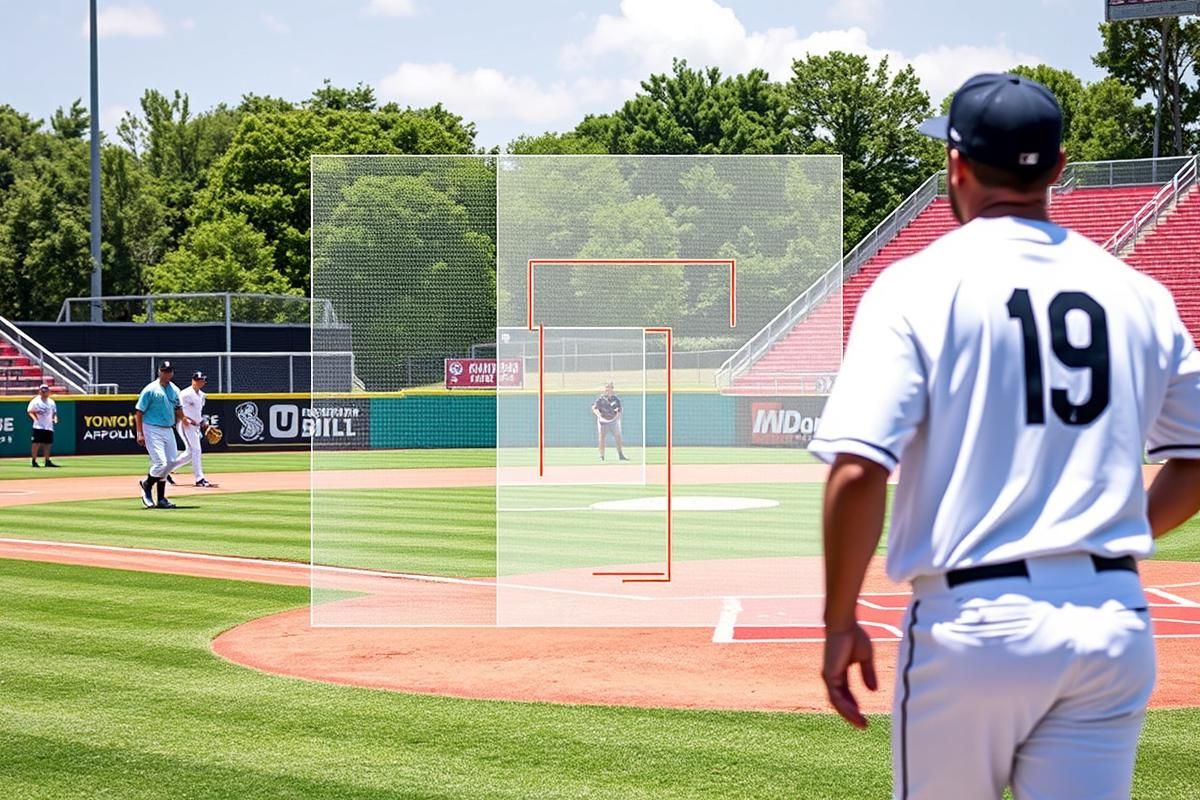 Baseball field featuring automated strike zone technology being used during a game with MLB players in action.