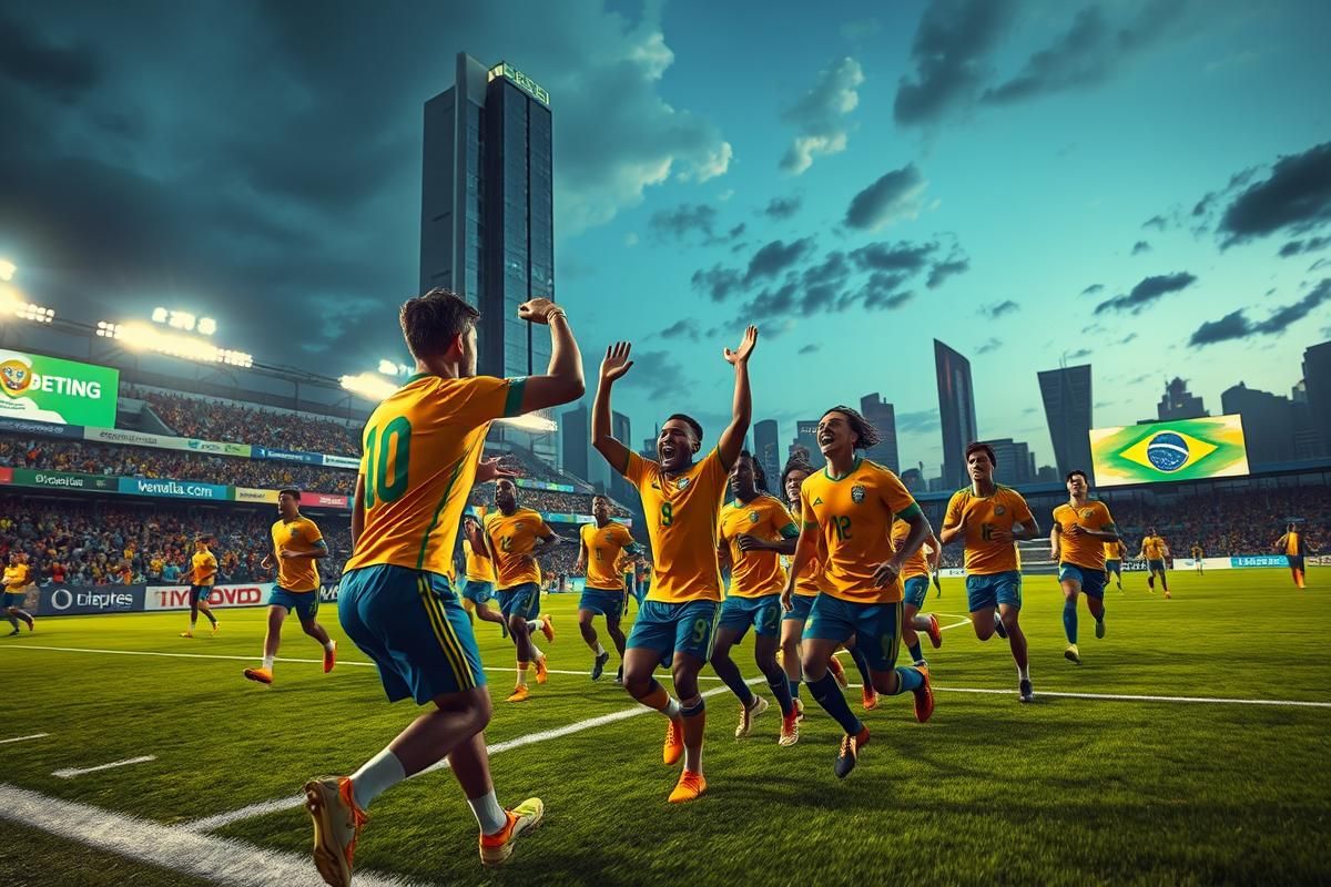 Brazilian athletes celebrating sports achievements with sponsorship banners and urban skyline in the background.