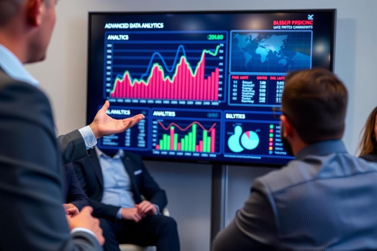 Business executive presenting actionable data analytics to professionals, highlighting transparency and innovation in the iGaming industry.