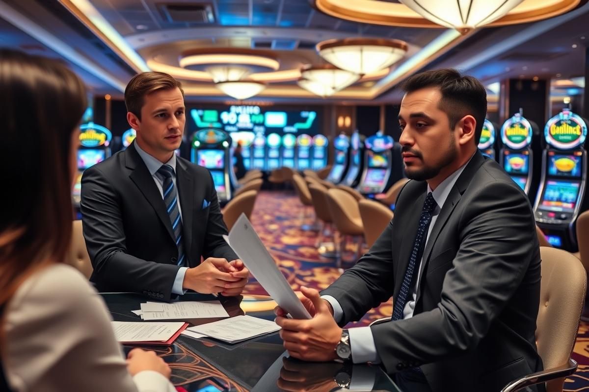 Casino executive in a professional setting discussing compliance issues, with luxury gaming equipment in the background.