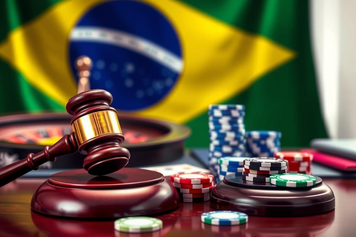 Close-up of a gavel, roulette wheel, and poker chips symbolizing Brazilian casino legalisation debate.