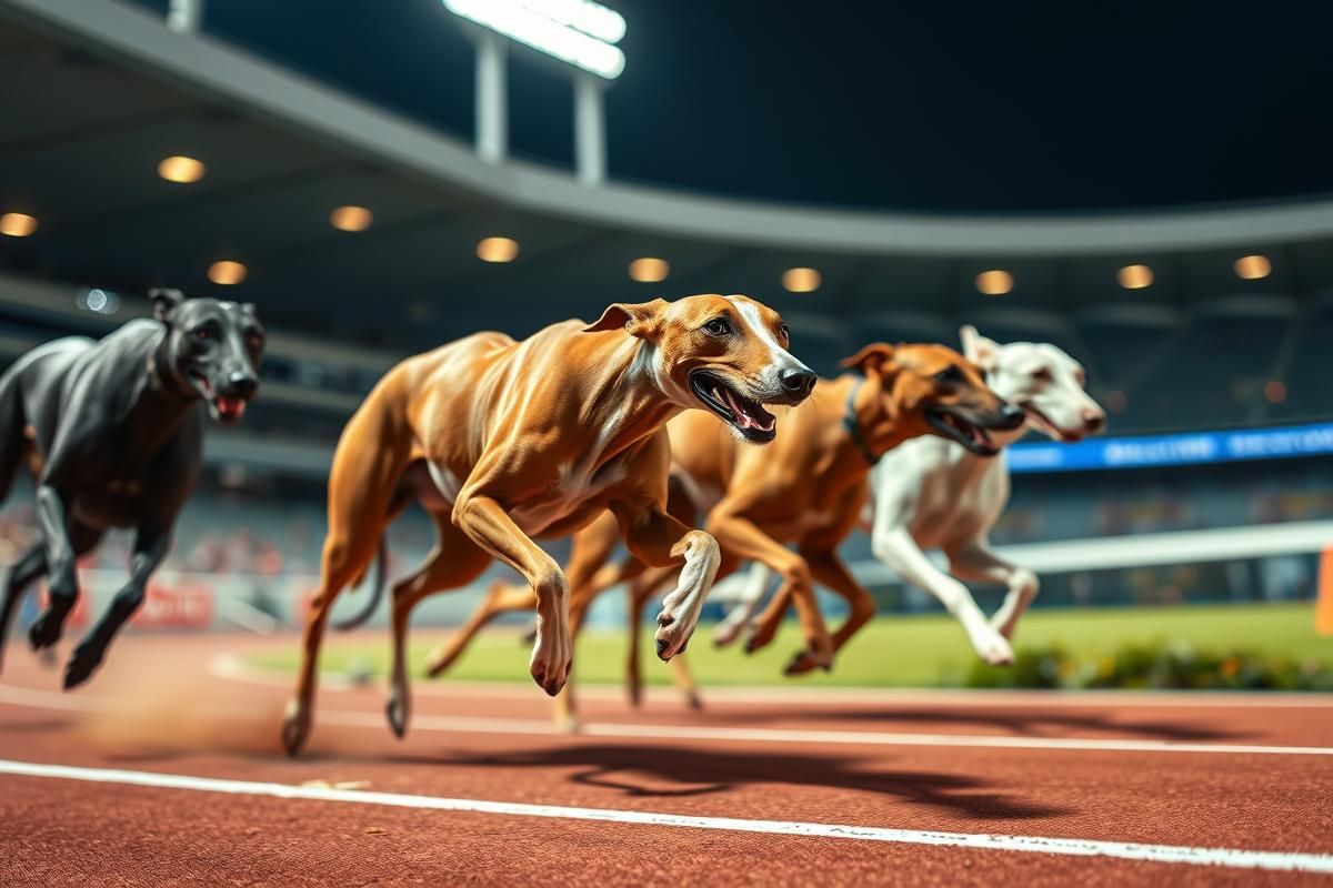 Close-up of racing greyhounds in action under stadium lights during a competitive event.