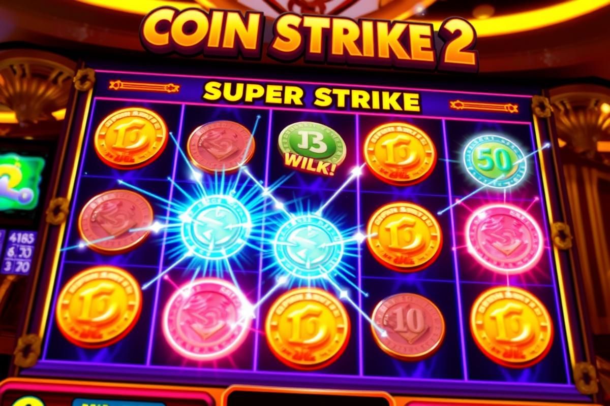 Close-up on Coin Strike 2 slot grid displaying Super Strike Coins and potential multipliers in bright, dynamic visuals.