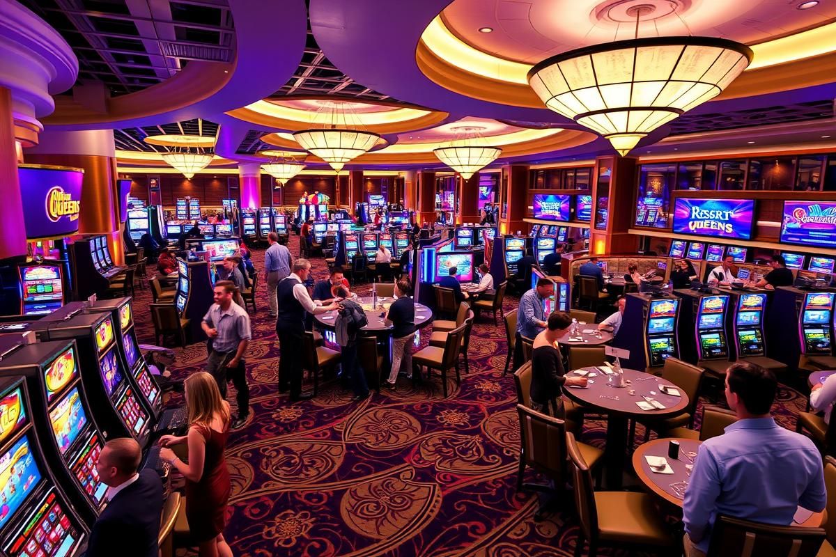 Close view of Resorts World Queens casino floor with gaming tables, slots, and dining areas, highlighting a lively and inclusive atmosphere.