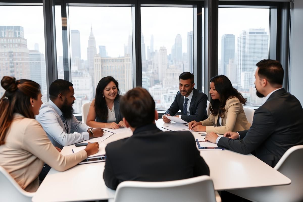 Community Advisory Committee meeting discussing New York casino bids in a modern boardroom with NYC skyline in the background.