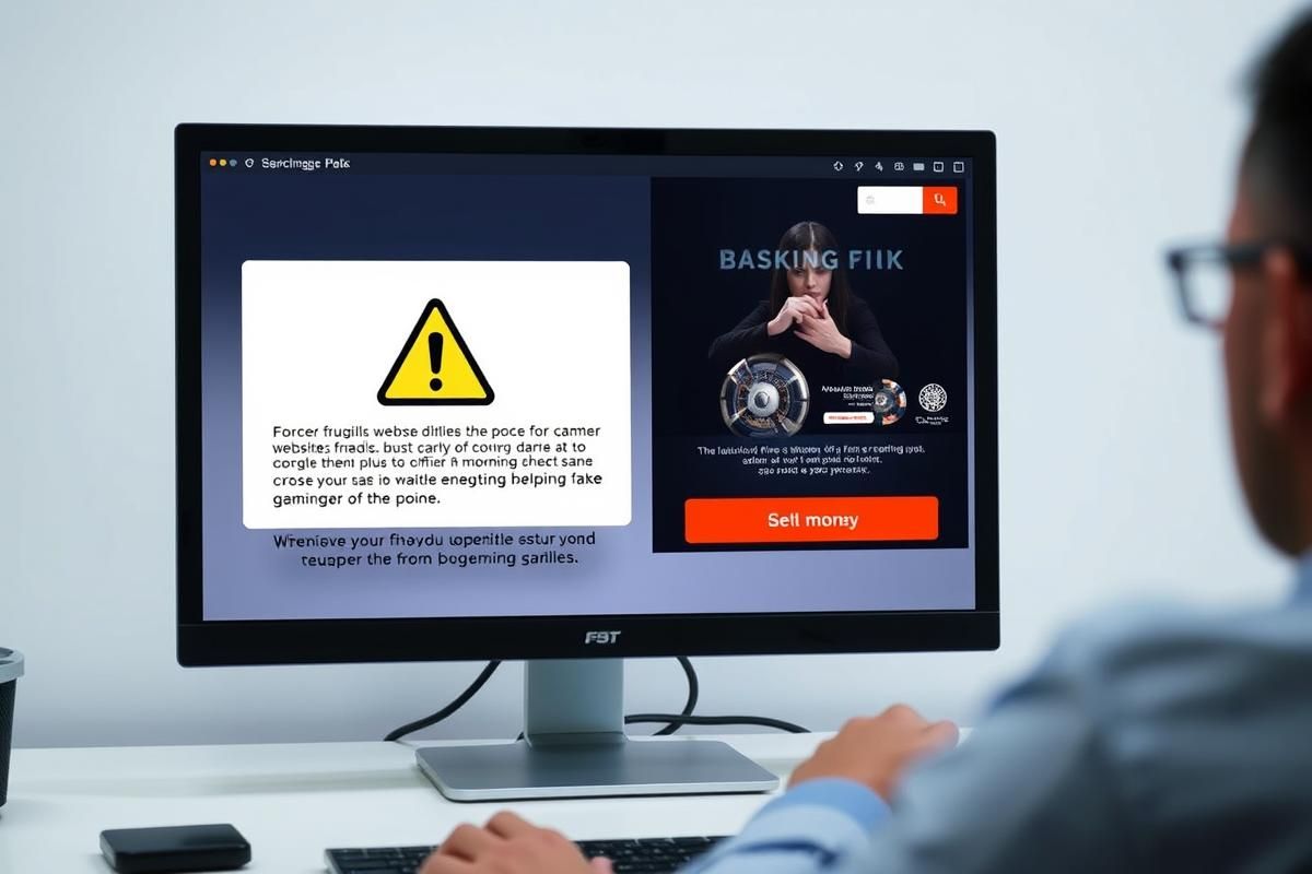 Computer screen with a warning about fraudulent offshore gaming websites and a person verifying their authenticity.