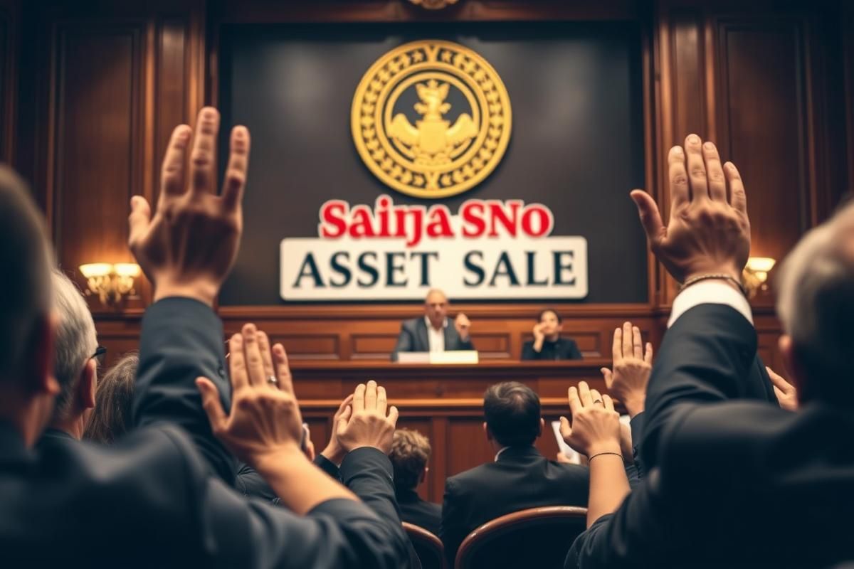 Courtroom scene depicting the auction process for Saipan casino assets.