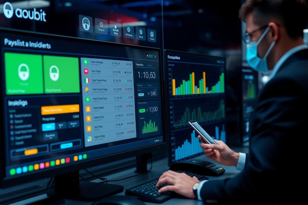Digital payment monitoring system with real-time transaction alerts and compliance analytics represented on a dashboard.