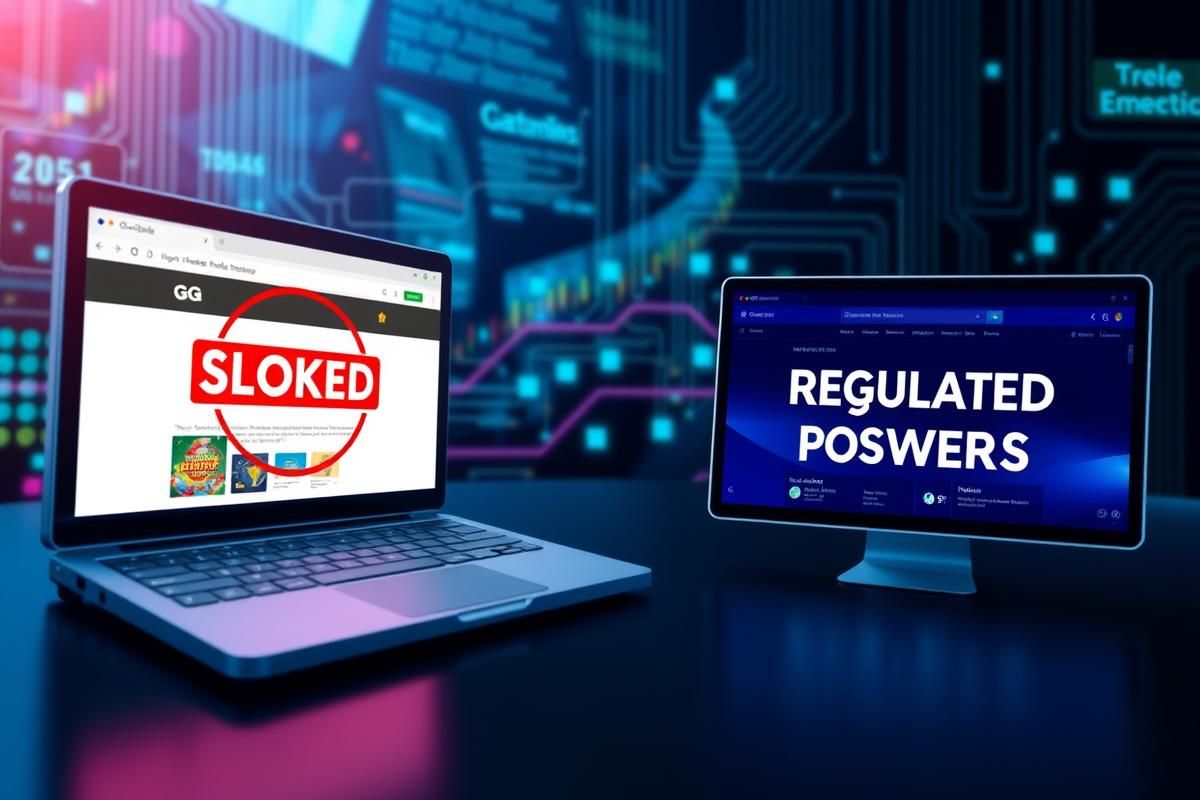 Digital representation of a blocked illegal gambling site next to regulated platforms in Germany.