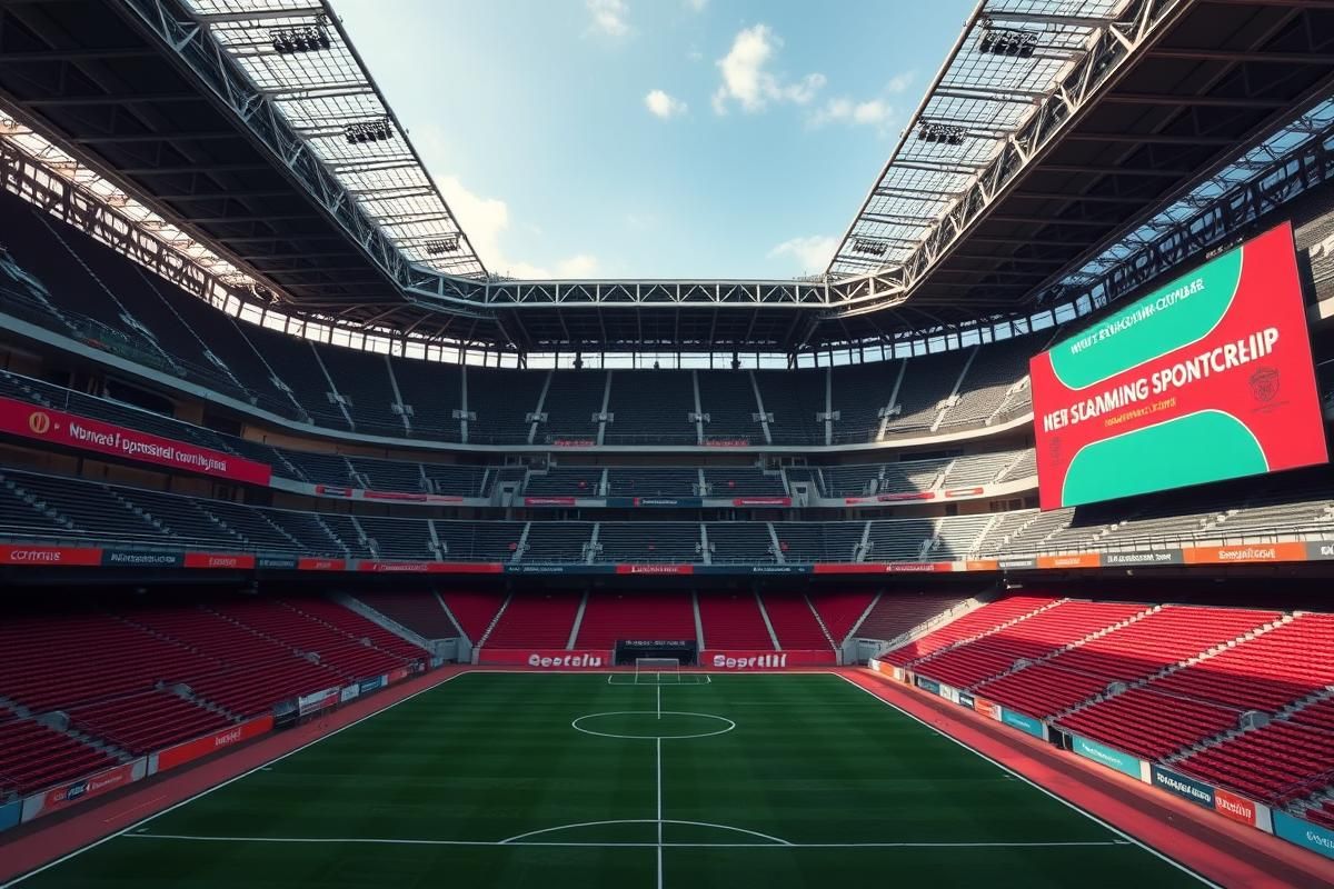 Empty sports stadium with blank advertising spaces representing gambling sponsorship restrictions.