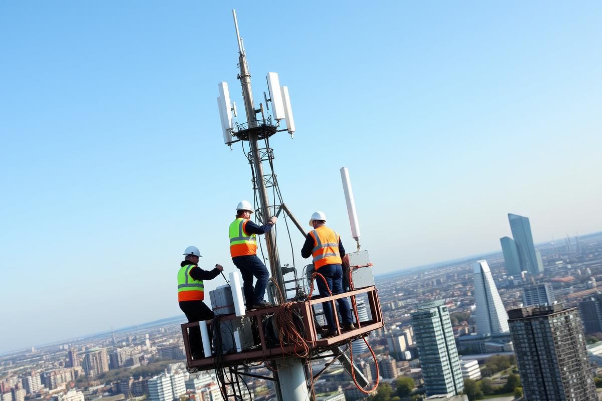 Engineers installing 5G antennas on a telecommunications tower with a UK city skyline.