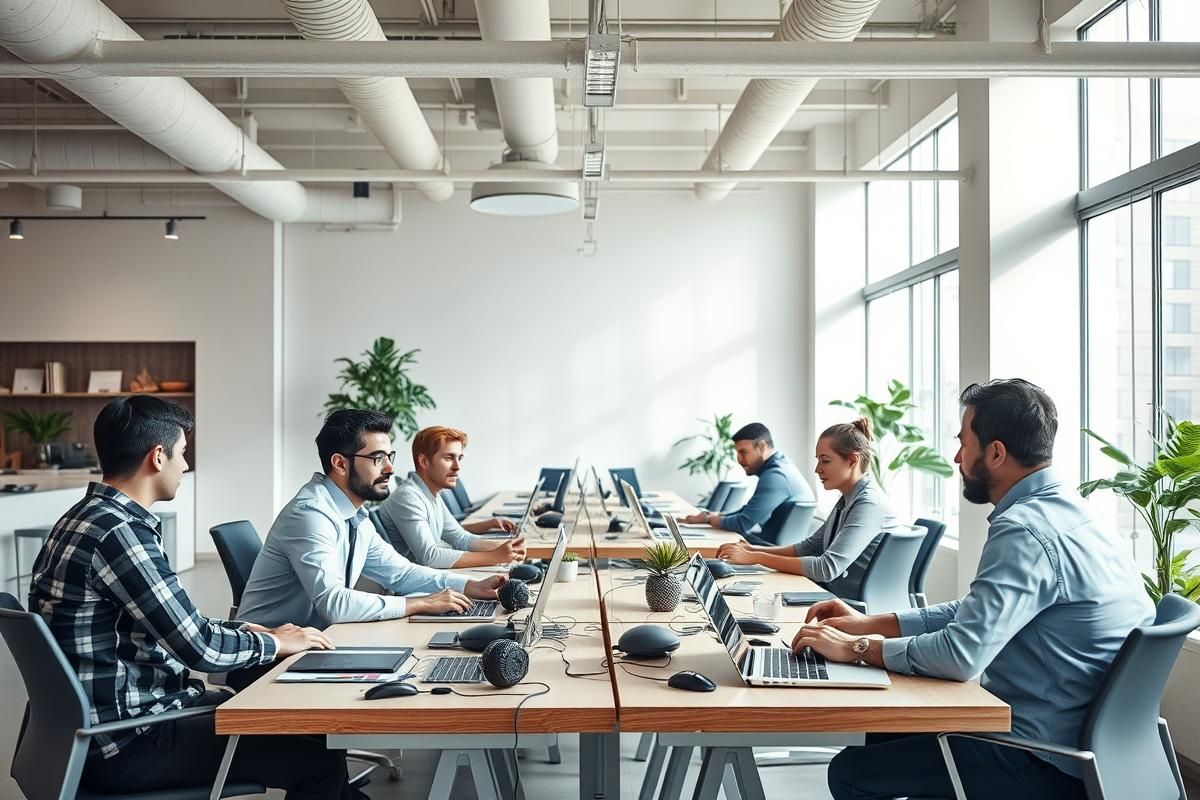 Entrepreneurs collaborating in a modern coworking space with technology and minimalist decor.