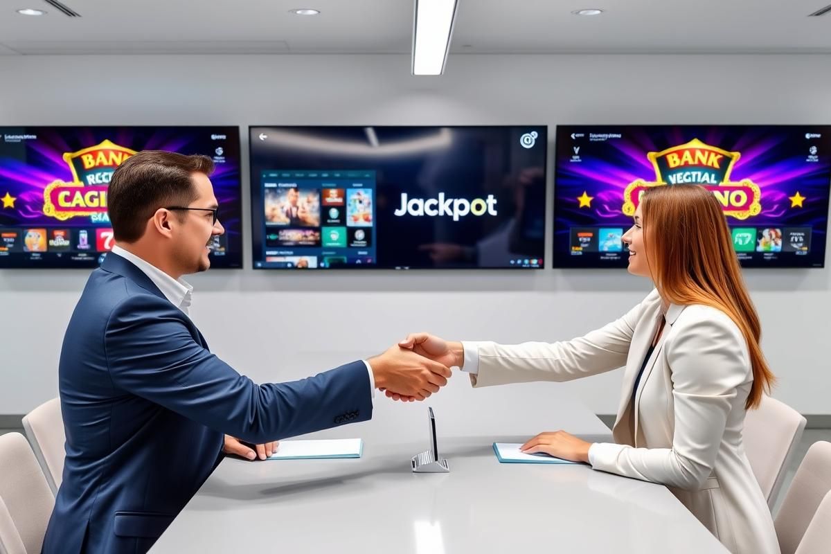 Executives at a corporate meeting shaking hands, representing DoubleDown Interactive's acquisition of WHOW Games.
